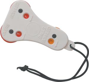The Hunts County Umpires Counter by Hunts County is a white, triangular handheld cricket umpire ball counter with labeled numbered buttons, a black wrist strap, and red and orange circular buttons for recording balls and overs accurately.