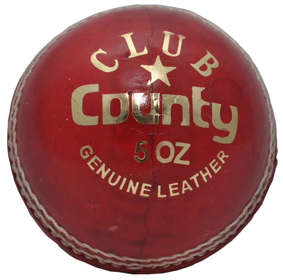 The Hunts County Club Cricket Ball is a red leather ball with white stitching and gold text that reads "CLUB County 5oz GENUINE LEATHER.