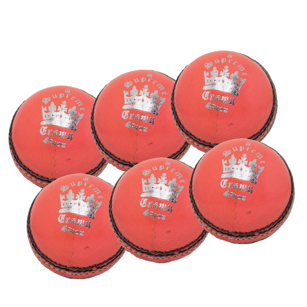 Six orange leather cricket balls from the MBS Supreme Crown Six Pack by Martin Berrill Sports are arranged in two rows, each featuring a white logo and text.