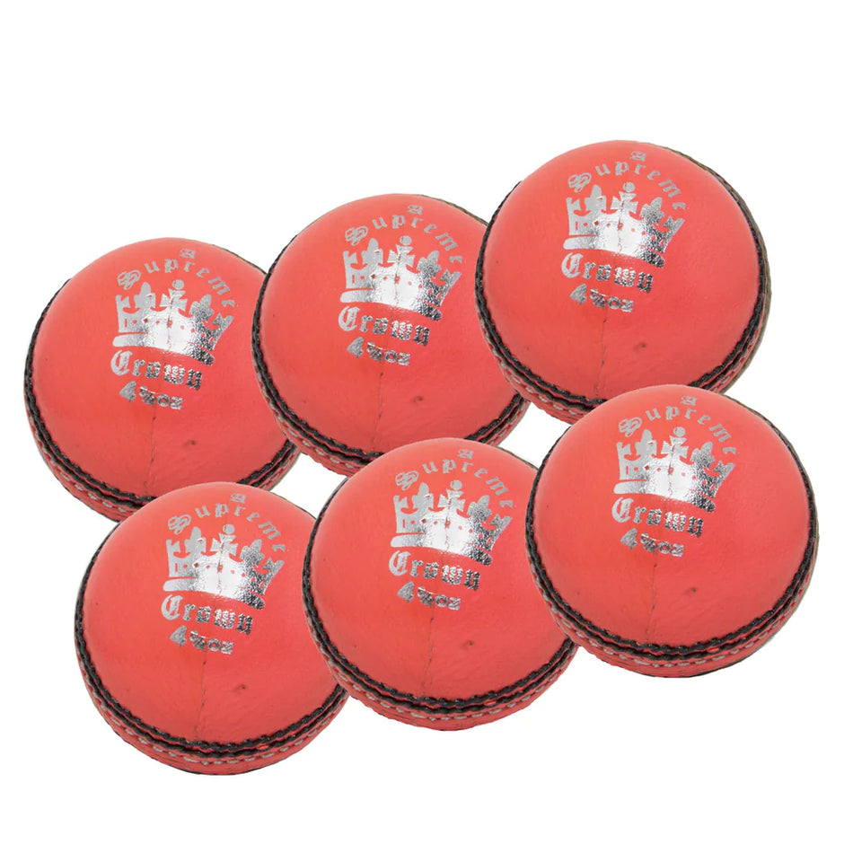 Six orange leather cricket balls from the MBS Supreme Crown Six Pack by Martin Berrill Sports are arranged in two rows, each featuring a white logo and text.
