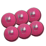 The MBS Supreme Crown Six Pack by Martin Berrill Sports features six pink cricket balls arranged closely together, displaying silver logos and black stitching against a white background.