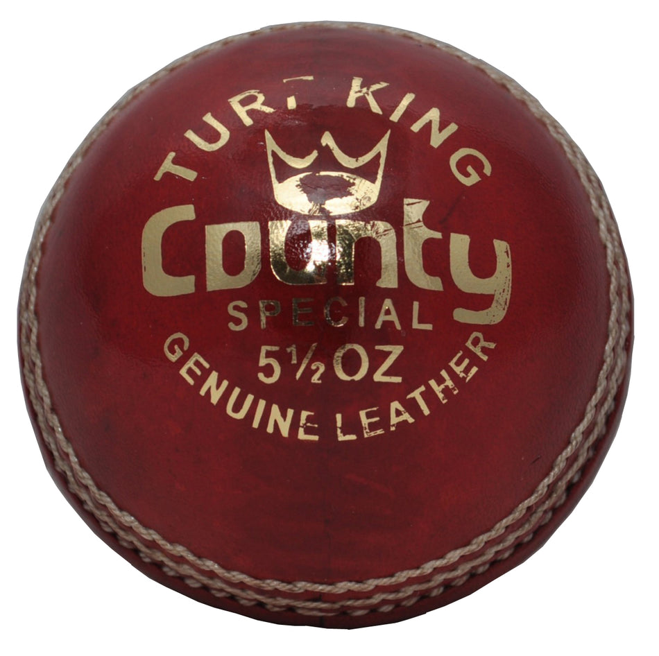 The Hunts County Turf King Senior Match Cricket Ball is a red ball with white stitching and gold text, made by Hunts County.