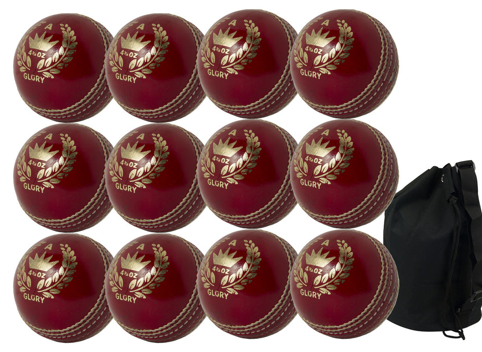 The Martin Berrill Sports MBS Glory Cricket Ball 12 Pack with Ball Bag features twelve red balls with gold logos in rows beside a black carrying bag, perfect for club training or practice sessions.