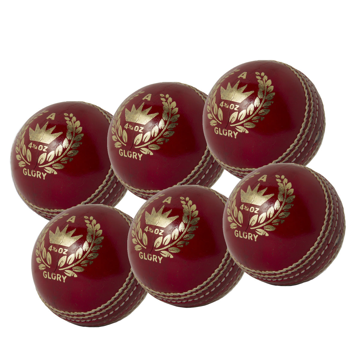 The MBS Glory Cricket Ball Six Pack by Martin Berrill Sports features six maroon balls with gold crown logos and stitched seams, arranged on a white background—ideal for club training or practice sessions.