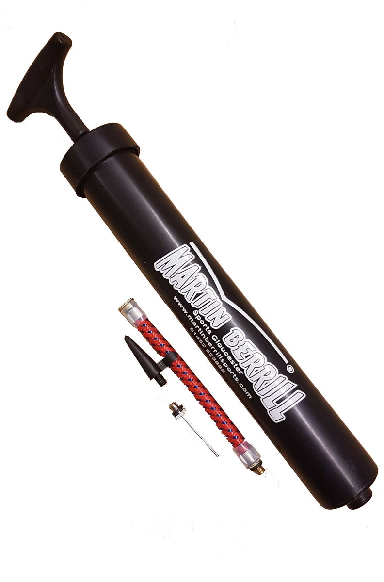 The Martin Berrill Sports Ball Hand Pump features a black T-handle design, includes a red flexible extension tube, and comes with both metal and plastic nozzles—ideal for quick and efficient sports ball inflation.