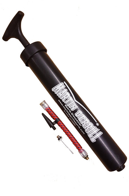 The Martin Berrill Sports Ball Hand Pump features a black T-handle design, includes a red flexible extension tube, and comes with both metal and plastic nozzles—ideal for quick and efficient sports ball inflation.