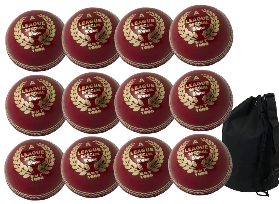 Twelve MBS League Special Senior Red cricket balls by Martin Berrill Sports are arranged in rows beside a black ball bag on a white background.
