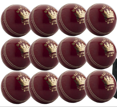 The MBS Supreme Crown 12 Pack With Ball Bag by Martin Berrill Sports features twelve red cricket balls with gold writing and a crown logo, arranged beside a black bag—ideal for any cricket practice session.