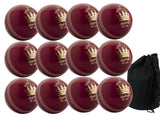 The Martin Berrill Sports MBS Supreme Special 12 Pack includes twelve durable leather league cricket balls (5½ oz, gold crown, four-piece) arranged in rows next to a black drawstring ball bag.