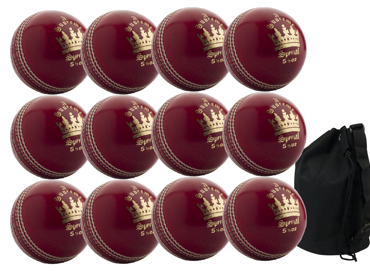 The Martin Berrill Sports MBS Supreme Special 12 Pack includes twelve durable leather league cricket balls (5½ oz, gold crown, four-piece) arranged in rows next to a black drawstring ball bag.