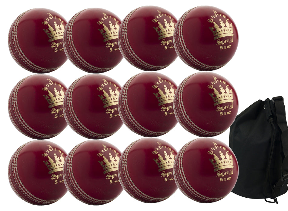 The Martin Berrill Sports MBS Supreme Special 12 Pack includes twelve durable leather league cricket balls (5½ oz, gold crown, four-piece) arranged in rows next to a black drawstring ball bag.