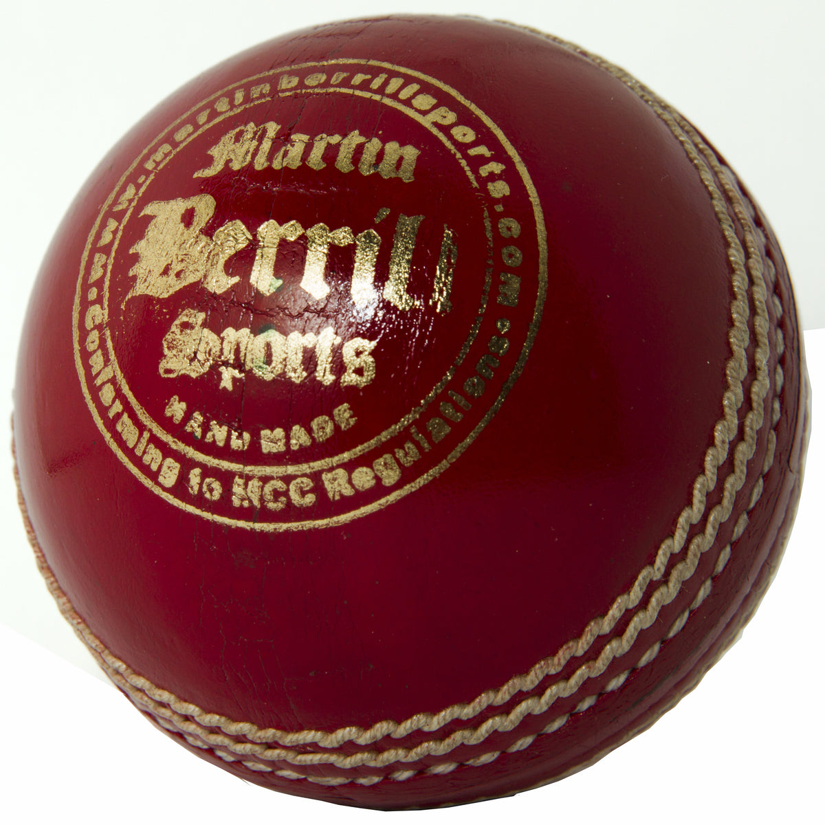 The MBS Glory Cricket Ball by Martin Berrill Sports is a shiny red, hand-stitched leather ball with white seams and gold embossing. Hand made to MCC regulations, it's ideal for players seeking premium quality at great value.