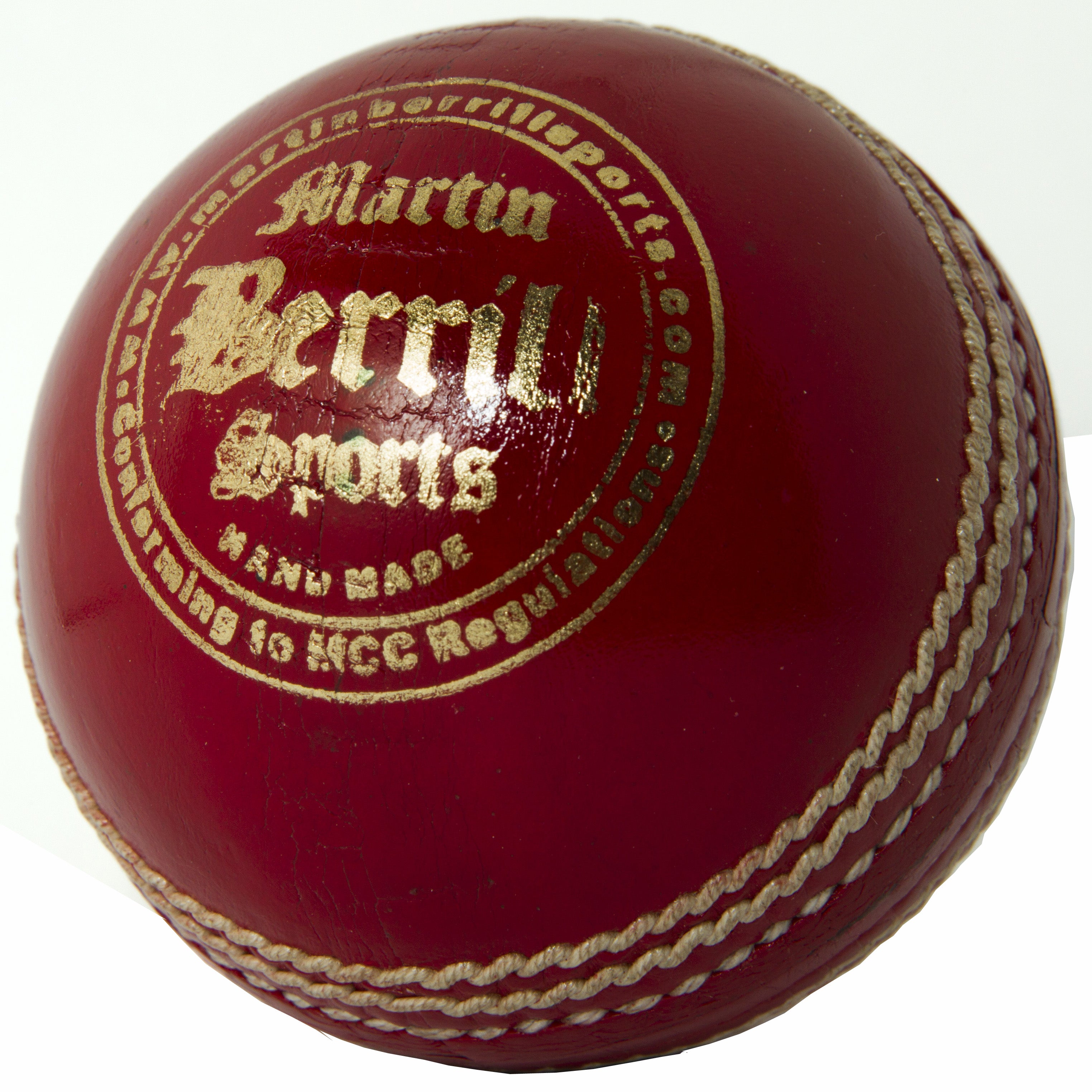 The MBS Glory Cricket Ball by Martin Berrill Sports is a shiny red, hand-stitched leather ball with white seams and gold embossing. Hand made to MCC regulations, it's ideal for players seeking premium quality at great value.