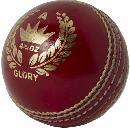 The MBS Glory Cricket Ball by Martin Berrill Sports is a red hand-stitched leather ball featuring gold markings—a crown, laurel leaves, "A," "4 3/4 OZ," and "GLORY"—making it an ideal budget choice for matches or practice.