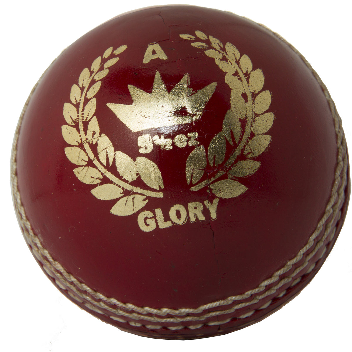 The MBS Glory Cricket Ball by Martin Berrill Sports is a red, hand-stitched leather ball with white stitching, featuring a gold crown, laurel wreath, and "GLORY" and "A SHEZ" printed on its surface.