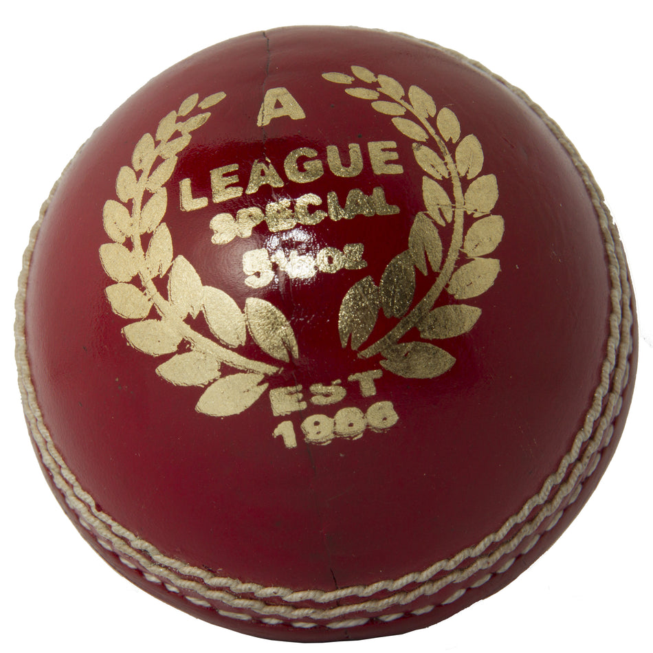 The MBS League Special Cricket Ball by Martin Berrill Sports is a red leather, handmade ball with white stitching and gold "A League Special" text, laurel wreath, and "Est 1996"—perfect for senior school cricket.