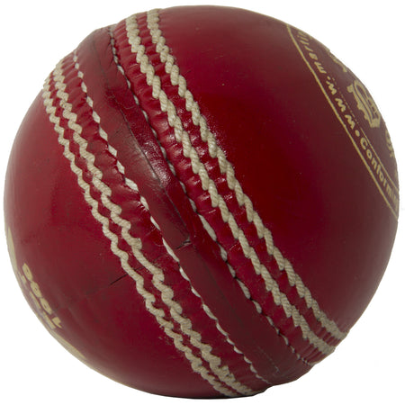 A close-up of the Martin Berrill Sports MBS League Special Cricket Ball, showcasing its prominent white stitching and visible seam against a white background—ideal for senior school cricket.