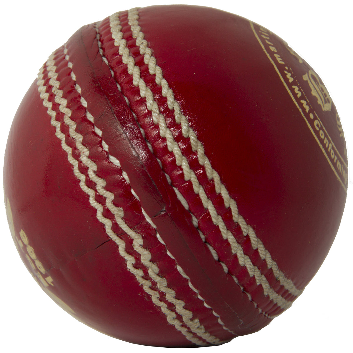 A close-up of the MBS Insignia Cricket Ball by Martin Berrill Sports, showcasing its red leather and prominent white stitching along the seam, set against a white background.
