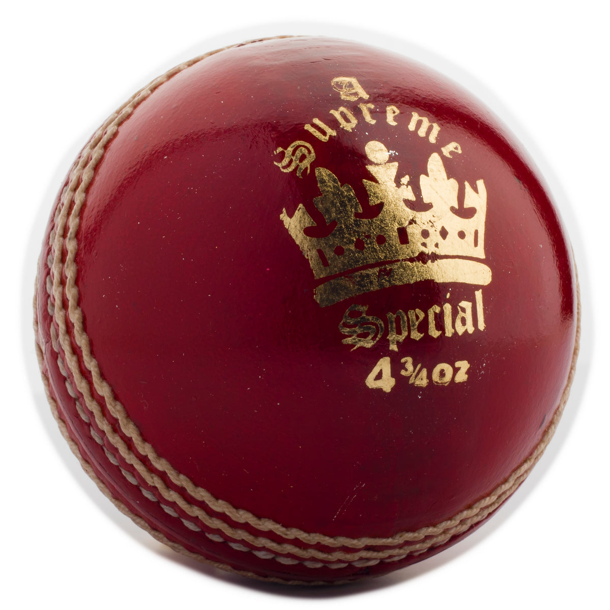 The MBS Supreme Special Cricket Ball by Martin Berrill Sports is a red leather ball with white stitching, a gold crown logo, and “Supreme Special 4 3/4 oz,” crafted from Portuguese cork—perfect for those seeking a premium handmade cricket ball.