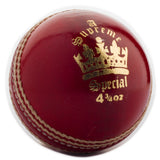 The MBS Supreme Special Cricket Ball by Martin Berrill Sports is a red leather ball with white stitching, a gold crown logo, and “Supreme Special 4 3/4 oz,” crafted from Portuguese cork—perfect for those seeking a premium handmade cricket ball.