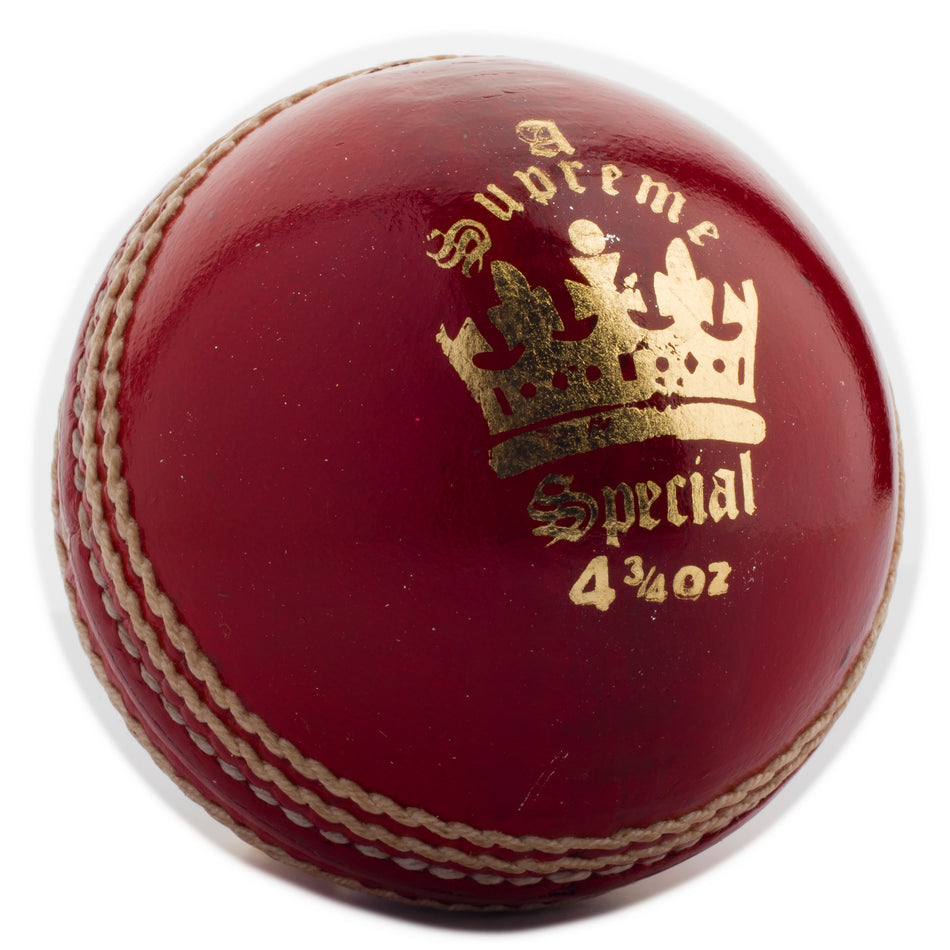 The MBS Supreme Special Cricket Ball by Martin Berrill Sports is a red leather ball with white stitching, a gold crown logo, and “Supreme Special 4 3/4 oz,” crafted from Portuguese cork—perfect for those seeking a premium handmade cricket ball.