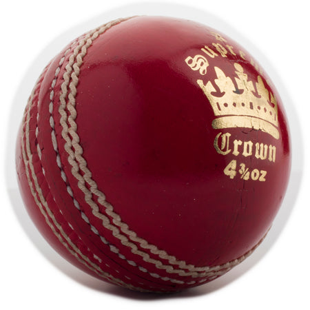 The MBS Supreme Crown Cricket Ball by Martin Berrill Sports is a shiny red leather ball with prominent white stitching and "Supreme Crown 4 3/4 oz" in gold lettering beside a gold crown emblem.