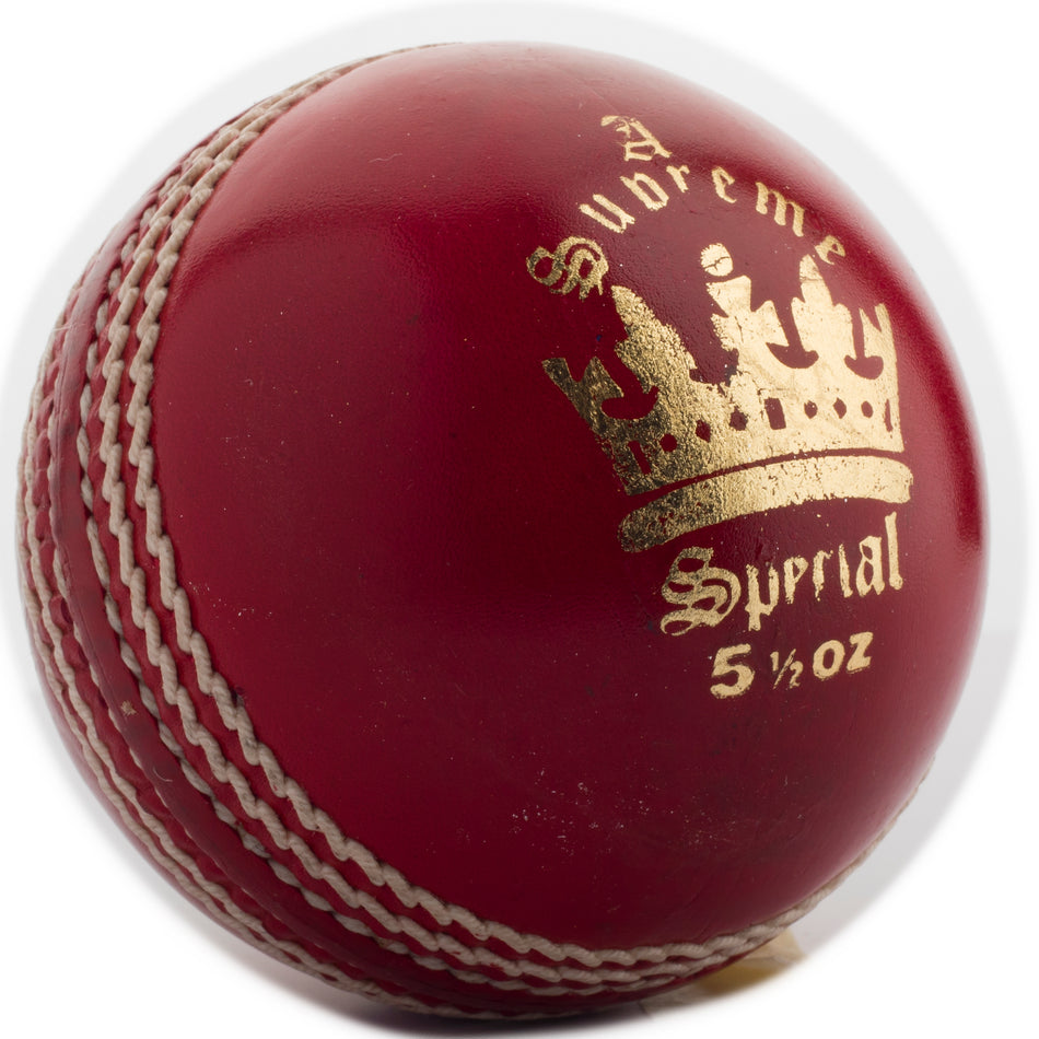 The MBS Supreme Special Cricket Ball by Martin Berrill Sports is a red leather ball with a crown design, hand-crafted and made with premium Portuguese cork.