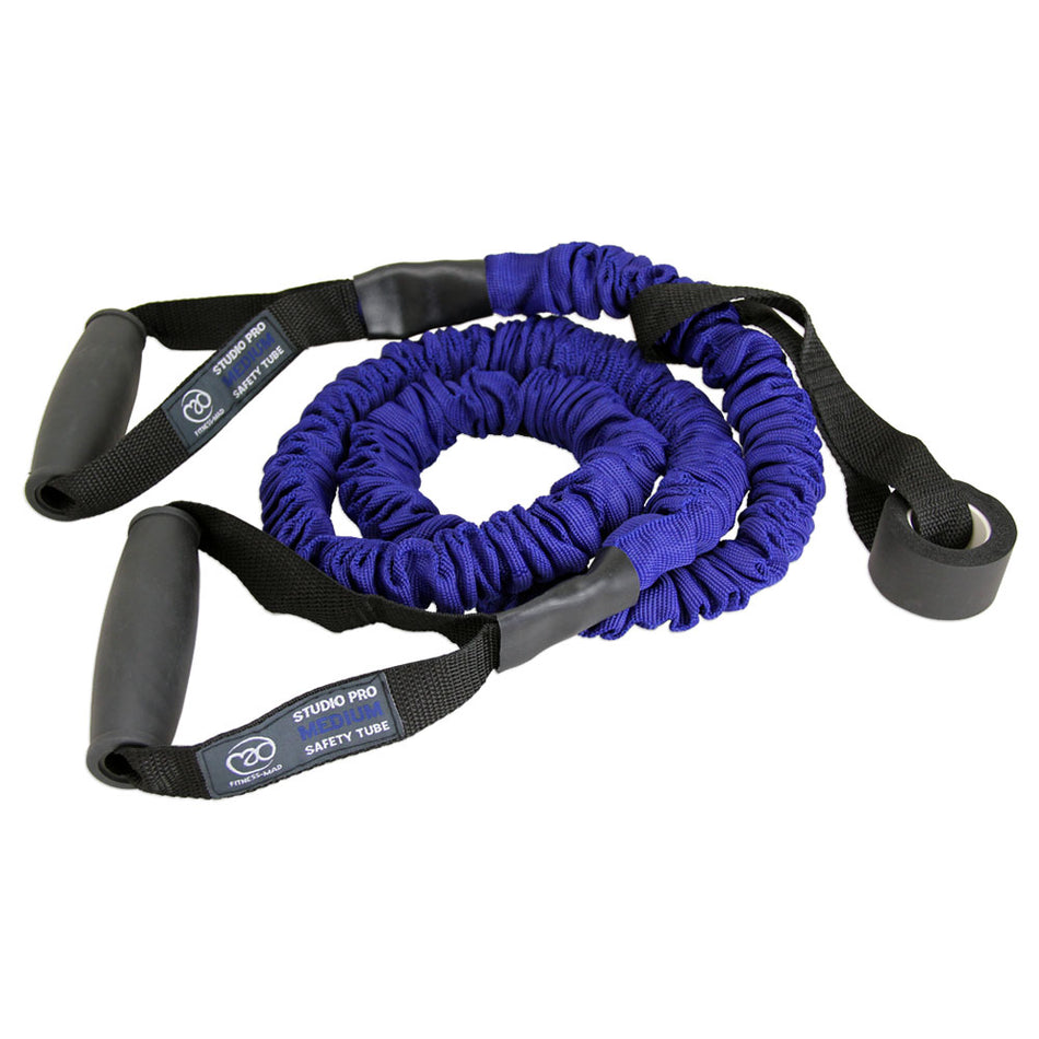The Fitness Mad Safety Resistance Trainer by Fitness Mad is a coiled blue band with black handles, protective fabric sleeve, and safety labels—ideal for exercise and total body workouts.