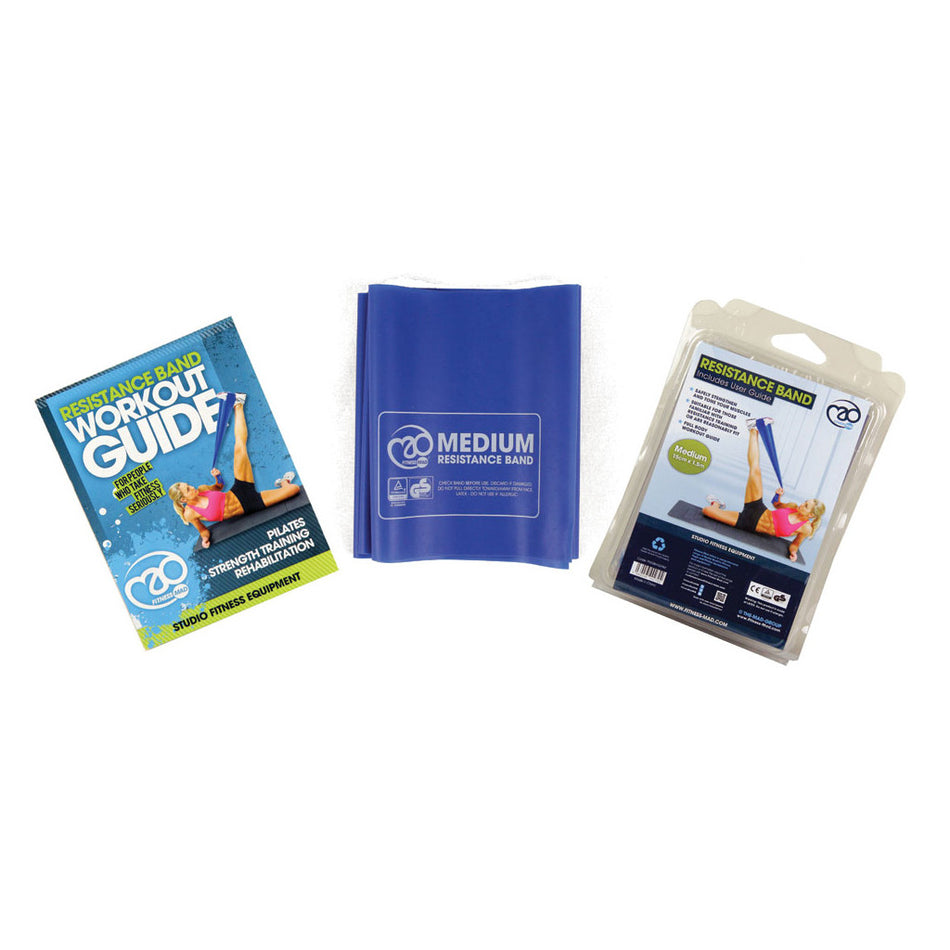 A Yoga-Mad Resistance Bands workout guide, a folded blue band, and Fitness Mad packaging are arranged on a white background.