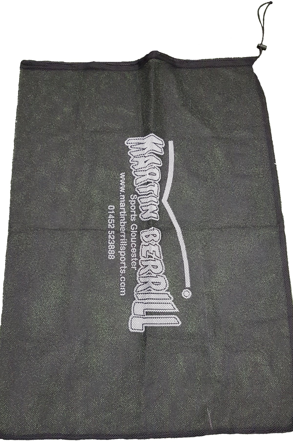 A black mesh ball sack by Martin Berrill Sports, featuring white printed text and contact info, is shown laid flat. Also includes the Mesh Ball Sack & MBS Hand Ball Pump set.
