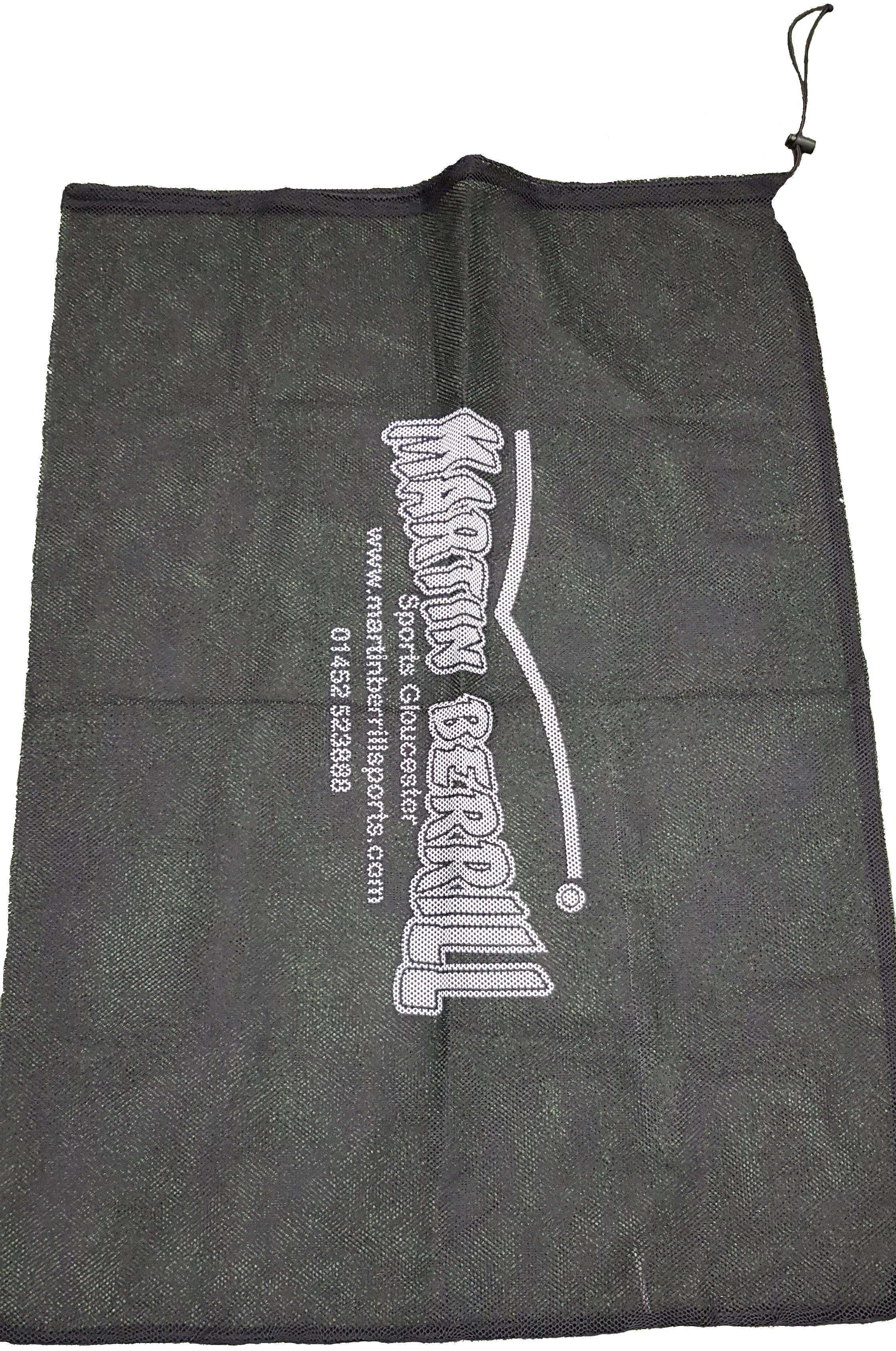A black mesh ball sack by Martin Berrill Sports, featuring white printed text and contact info, is shown laid flat. Also includes the Mesh Ball Sack & MBS Hand Ball Pump set.