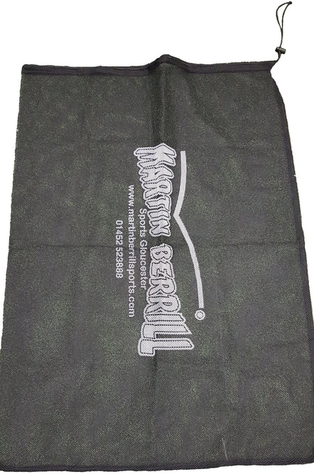 A black mesh ball sack by Martin Berrill Sports, featuring white printed text and contact info, is shown laid flat. Also includes the Mesh Ball Sack & MBS Hand Ball Pump set.