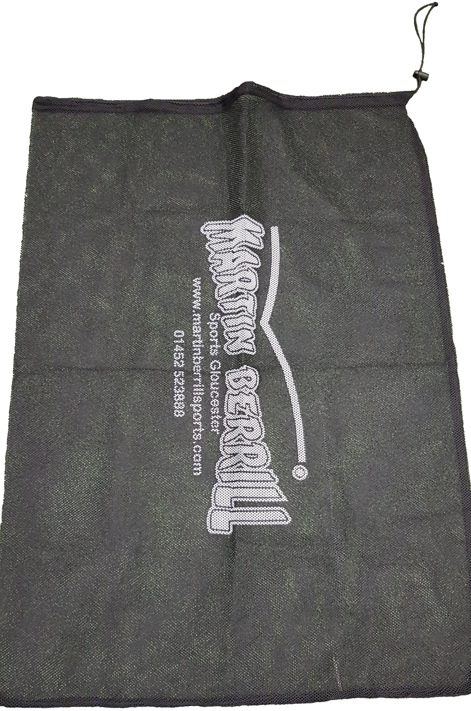 A black mesh ball sack by Martin Berrill Sports, featuring white printed text and contact info, is shown laid flat. Also includes the Mesh Ball Sack & MBS Hand Ball Pump set.
