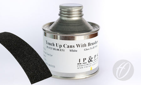 A Harrod Sport Steel Maintenance Kit White is shown, featuring a metal can with partially open lid, white paint, a black foam applicator, and emery cloth. A faint logo appears in the lower right corner.
