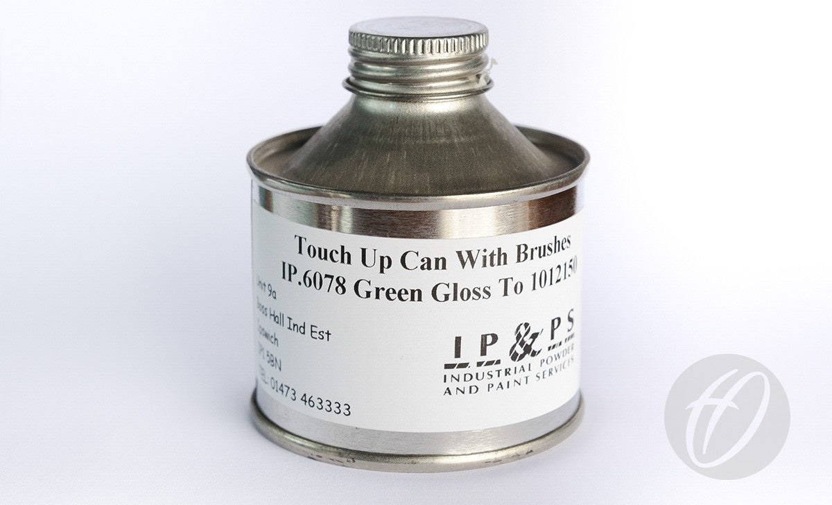 A small metal can labeled "Maintenance Kit Green" from Harrod Sport, ideal for paint touch-ups, is shown with a screw cap and brushes on a white surface.