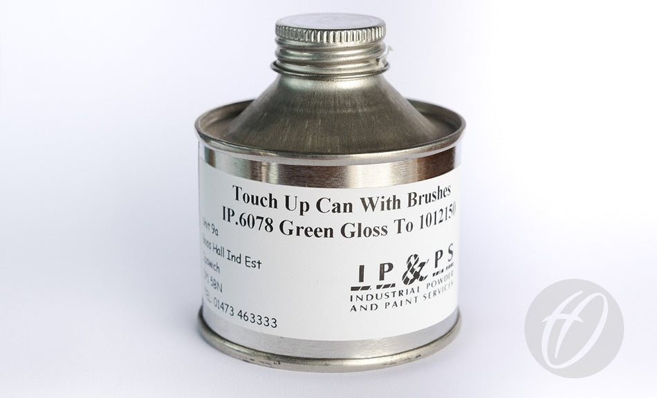 A small metal can labeled "Maintenance Kit Green" from Harrod Sport, ideal for paint touch-ups, is shown with a screw cap and brushes on a white surface.