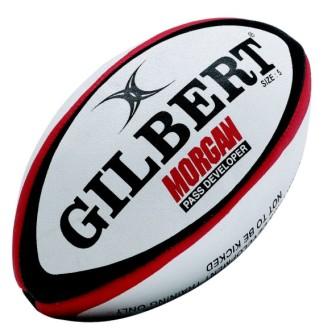 The Gilbert Morgan Rugby Pass Developer is a white ball with black and red accents, featuring the Gilbert brand—perfect for enhancing your rugby passing skills.