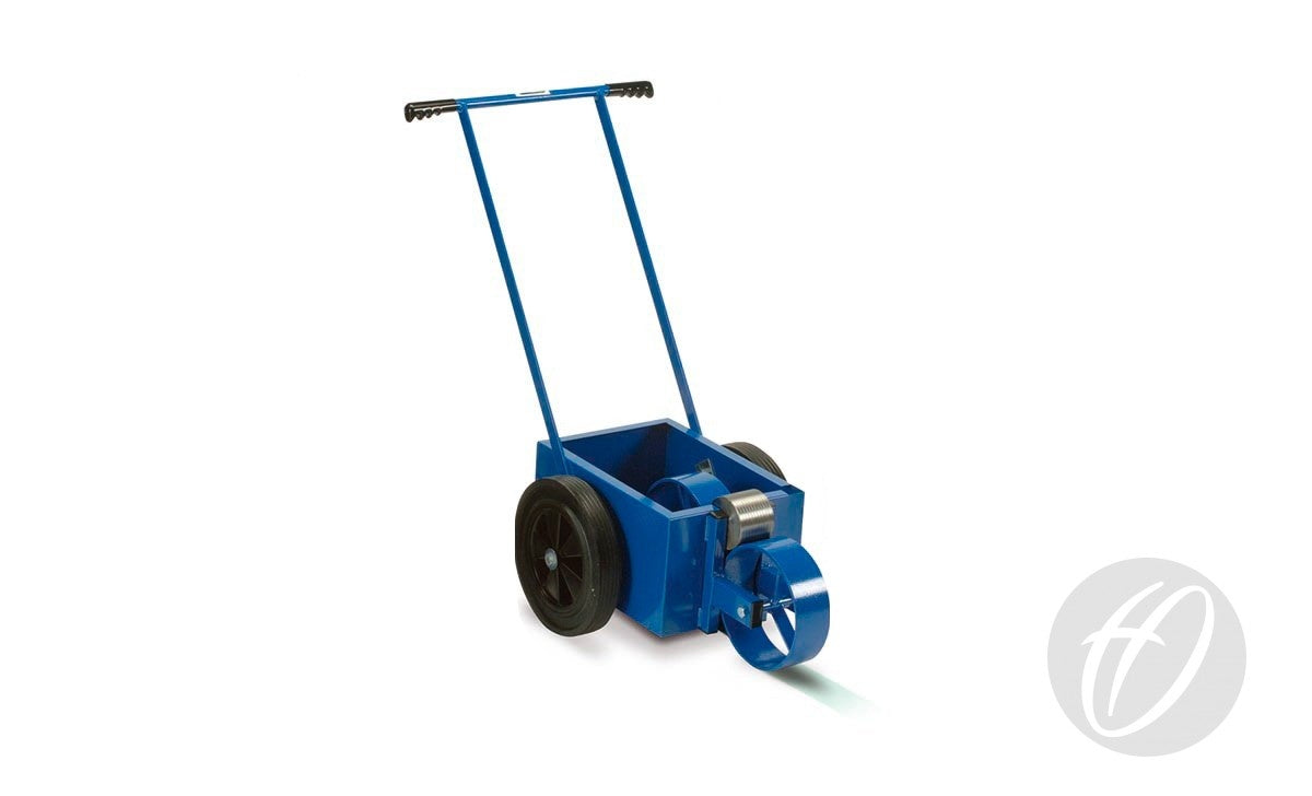 The Harrod Sport WM1 Waveney Line Marker 76mm features interchangeable marking wheels, two black tires, a large handlebar, and a central compartment—ideal for precise grass pitch lines. Shown photographed on a white background.