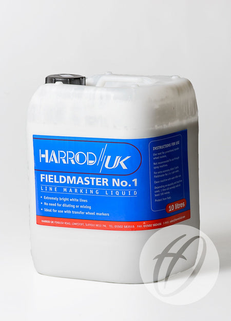 A white 20-litre plastic container with a black cap, featuring a blue and red “Harrod Sport Fieldmaster Line Marking Fluid” label—ideal for marking sports grounds—with clear usage instructions.