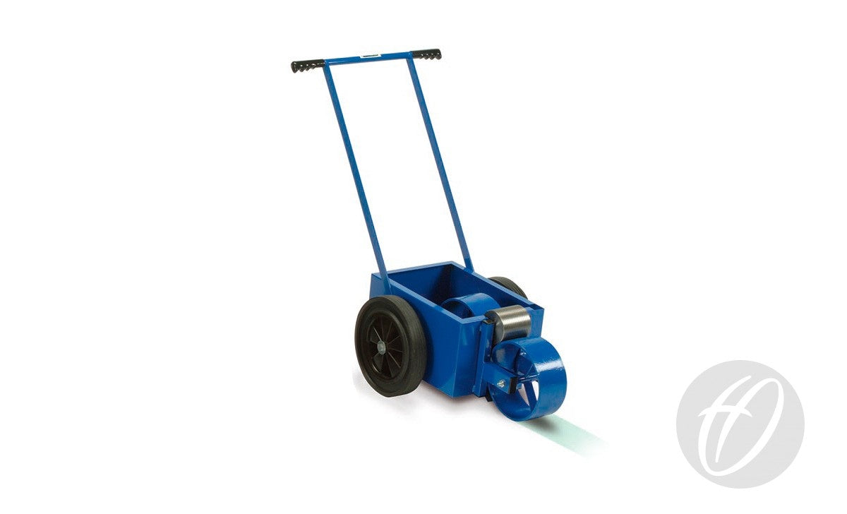 The Harrod Sport WM1 Waveney Line Marker, featuring two black 100mm marking wheels and a handlebar, dispenses crisp painted lines onto a white surface. Set against a plain white background, this reliable line marking machine is perfect for creating precise lines on grass pitches.