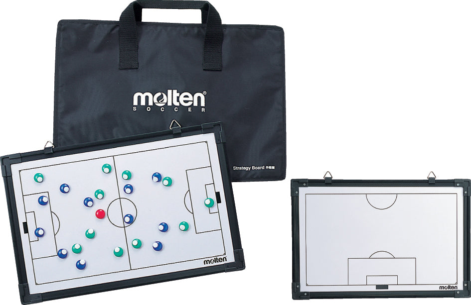 The Molten Football Strategy Board by Molten features magnetic team pieces on a soccer field diagram, a blank reverse side for custom tactics, and includes a black carrying case—ideal for dynamic coaching sessions.
