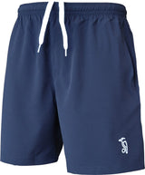 Black Kookaburra Playing Shorts with an elastic waistband, white drawstring, side pockets, and a small white penguin logo on the lower left leg. These breathable microfibre shorts provide comfort for any activity.