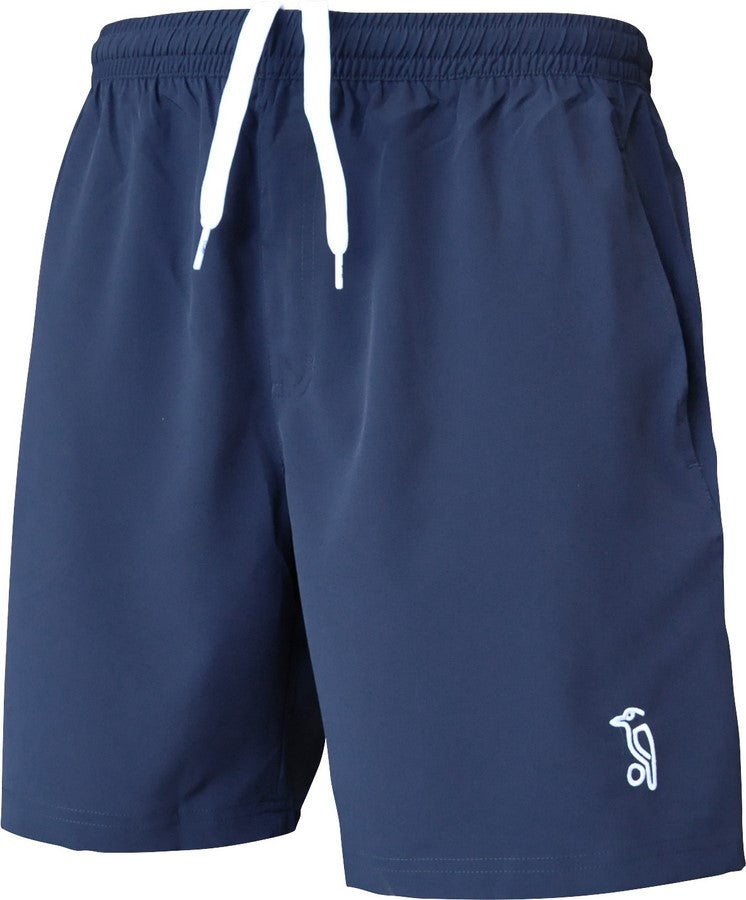 Black Kookaburra Playing Shorts with an elastic waistband, white drawstring, side pockets, and a small white penguin logo on the lower left leg. These breathable microfibre shorts provide comfort for any activity.