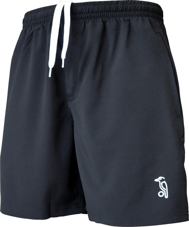 Kookaburra Playing Shorts by Kookaburra: black breathable microfibre shorts with a white drawstring and a small white penguin logo on the lower left leg.