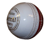 A close-up of the Martin Berrill Sports MBS Red/White Training Cricket Ball, featuring visible stitching and a black and gold logo, ideal for coaching and training, isolated on a white background.