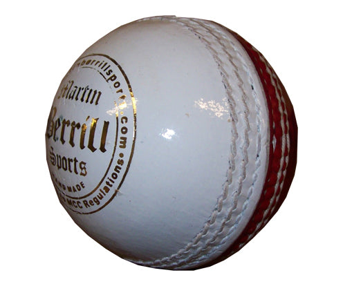 A close-up of the Martin Berrill Sports MBS Red/White Training Cricket Ball, featuring visible stitching and a black and gold logo, ideal for coaching and training, isolated on a white background.