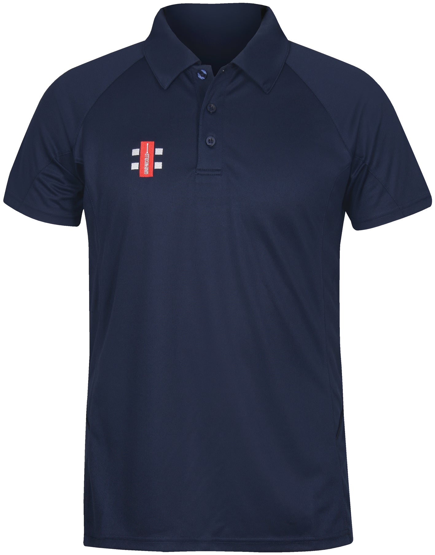 The Kempton CC Matrix V2 Polo Shirt by Gray Nicolls is a navy blue short-sleeve polo with a collar, three buttons, and a red and white embroidered Club Logo on the left chest. Features a simple, plain design as part of their training apparel line.