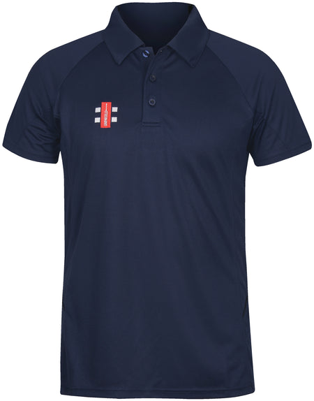 The Kempton CC Matrix V2 Polo Shirt by Gray Nicolls is a navy blue short-sleeve polo with a collar, three buttons, and a red and white embroidered Club Logo on the left chest. Features a simple, plain design as part of their training apparel line.