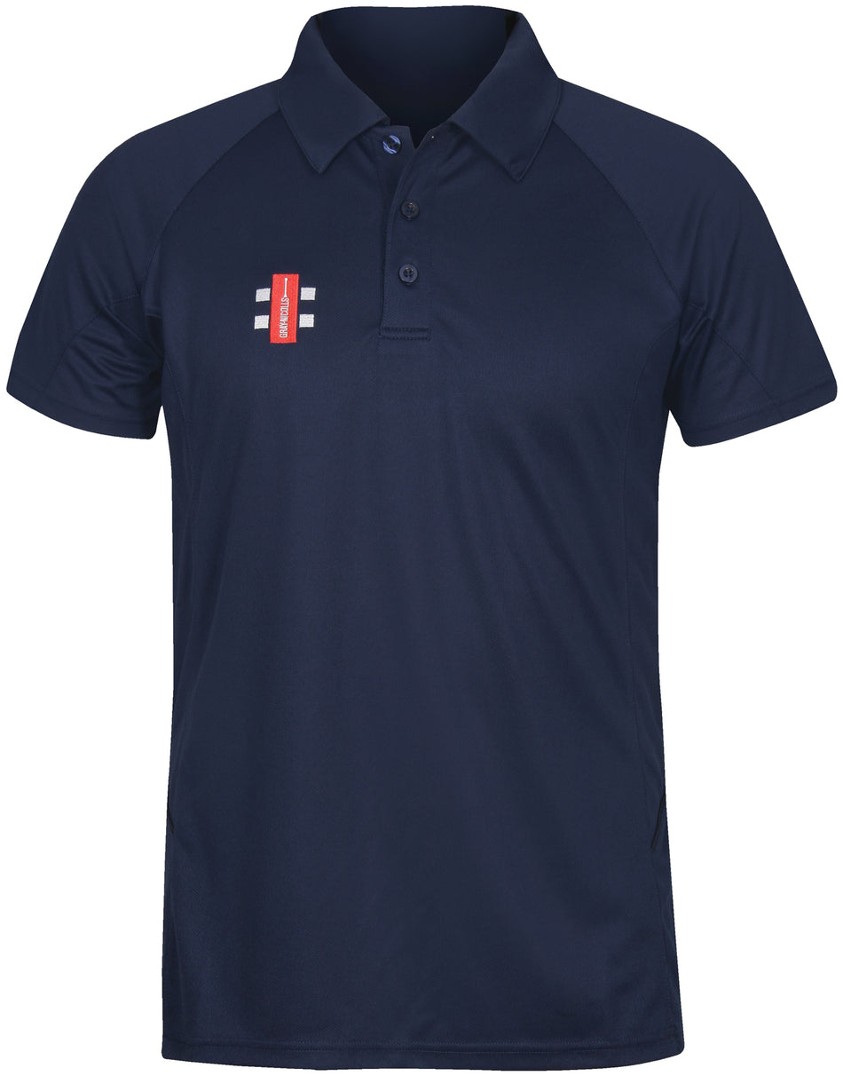 The Kempton CC Matrix V2 Polo Shirt by Gray Nicolls is a navy blue short-sleeve polo with a collar, three buttons, and a red and white embroidered Club Logo on the left chest. Features a simple, plain design as part of their training apparel line.
