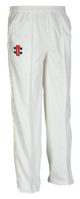 The Gray Nicolls Upton St Leonards CC Matrix V2 Junior Cricket Trouser has a tapered fit, elastic waistband, red and black logo on the thigh, and offers comfort and moisture control. Shown on a plain white background.